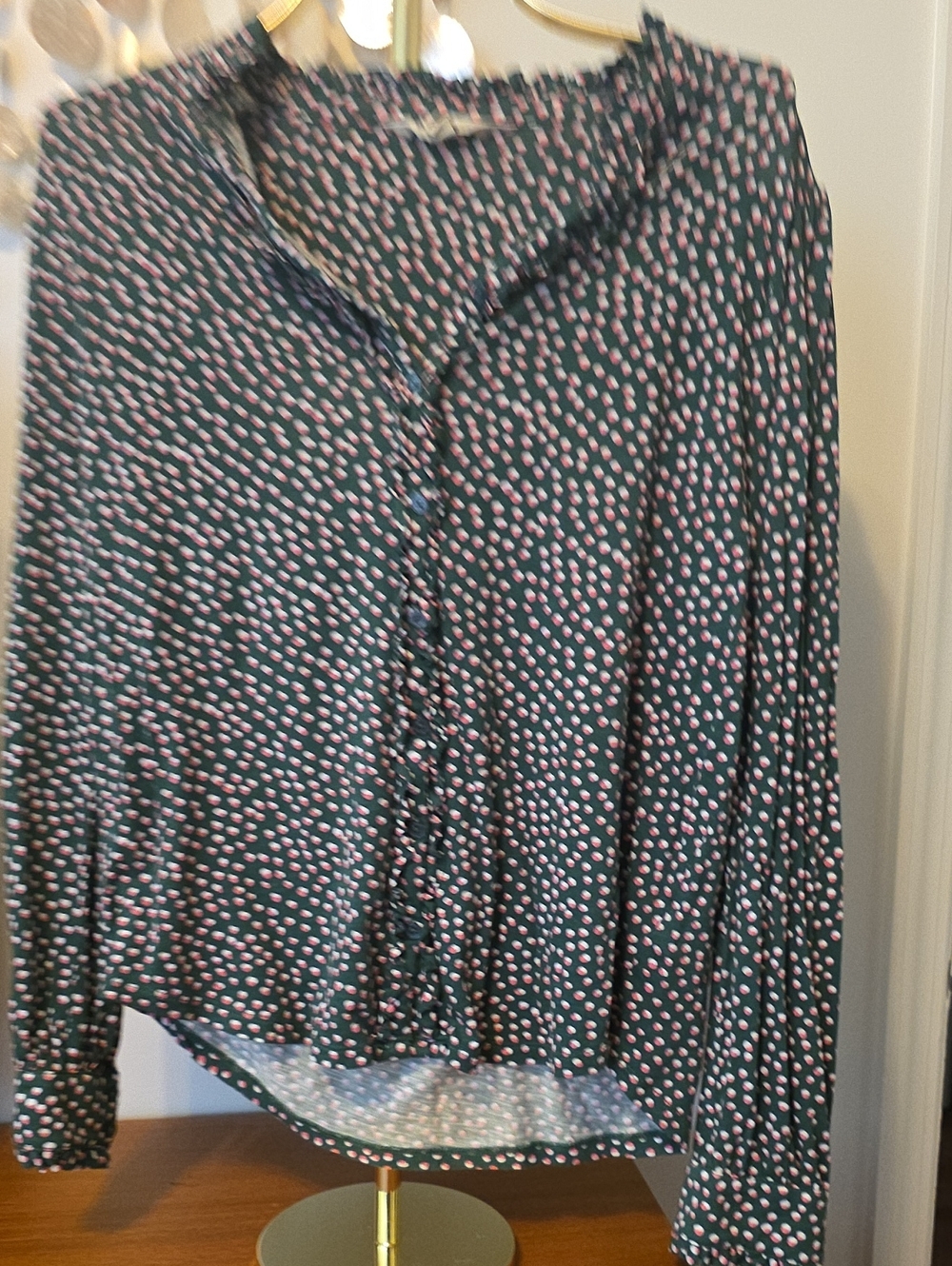 Boden Black Button-Down Blouse with Pink Dot Print